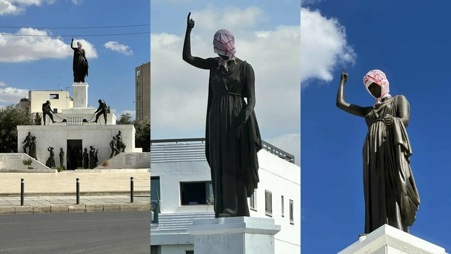 Неизвестные покрыли голову статуи Свободы в Никосии палестинским платком Неизвестные покрыли голову статуи Свободы в Никосии палестинским платком