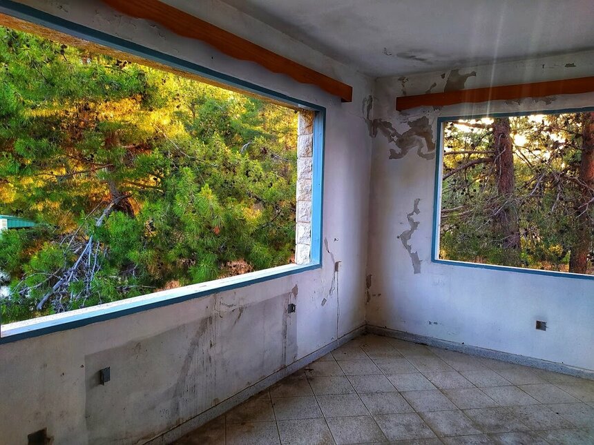 два разбитых окна в отеле на Кипре с видом на сосны
