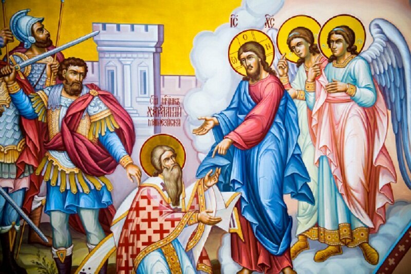 Господь и ангелы спустившиеся с небес во время казни святого Харалампия
